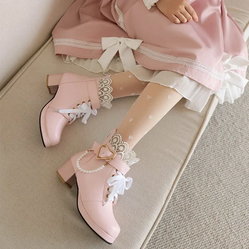 

Womens Chunky Platform Ankle Boots Lolita Med Heel Lace Up Boots Sweet Hollow Laces Pearls Zipper Party Cosplay Shoes Pink White