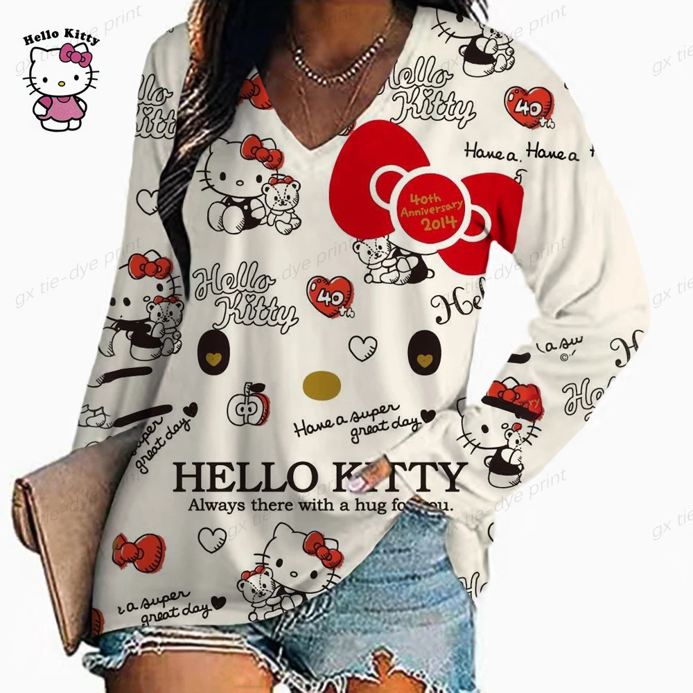 

Женская футболка с 3D-принтом Hello Kitty, Повседневная футболка большого размера с V-образным вырезом в стиле Харадзюку, весна 2023