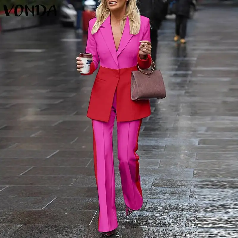 

VONDA 2022 Femme Ropa De Mujer Spring Long Sleeve Blazer Office Formal Suit Patchwork Lapel Poncho Wide Leg Pants 2PCS Oversized