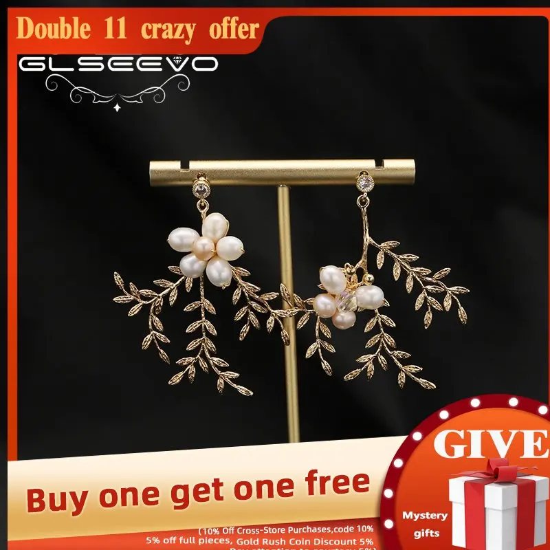 

GLSEEVO 925 Silver Needles Natural Freshwater Pearls leaves Woman Pendant Earrings vintage Wedding Popular Jewelry GE1243