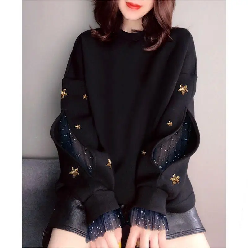 Simple Sweatshirt Women Lace Stitching Hole Sweater Black Crew Neck Pullover Women Fake Two-piece Top Designer Sweatshirt