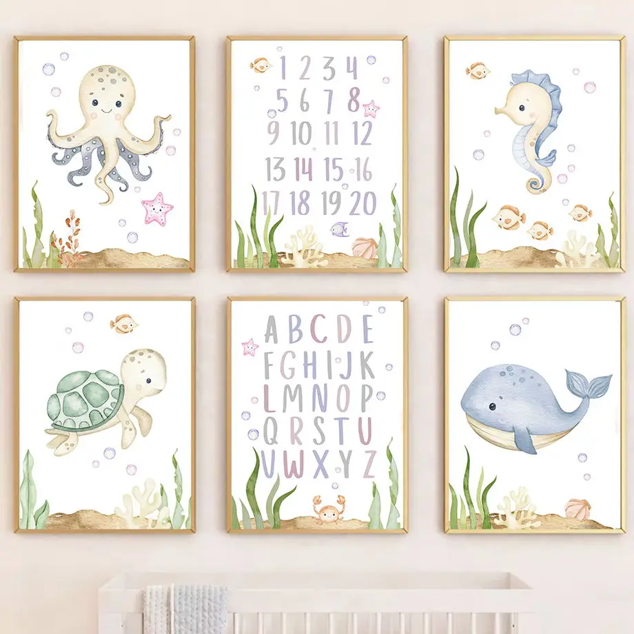 

Devilfish Whale Seahorse Turtle Alphabet Octopus Crab Nursery Wall Art Print Canvas Painting Nordic Posters Baby Kids Room Decor