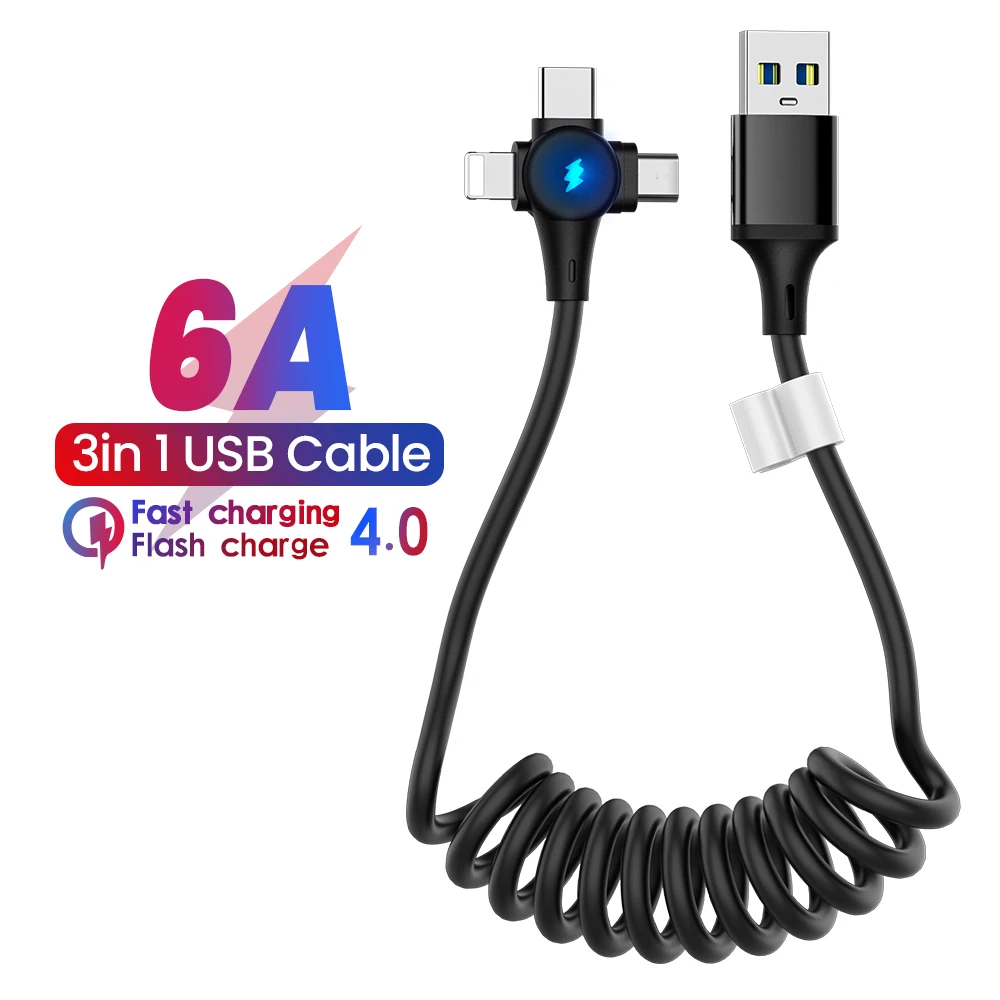 

6A 3in1 0.65M Spring Cable For Huawei Xiaomi Sansung Micro 8 Pin Type-C Fast Charger For iPhone Retractable USB Data Cable Cord