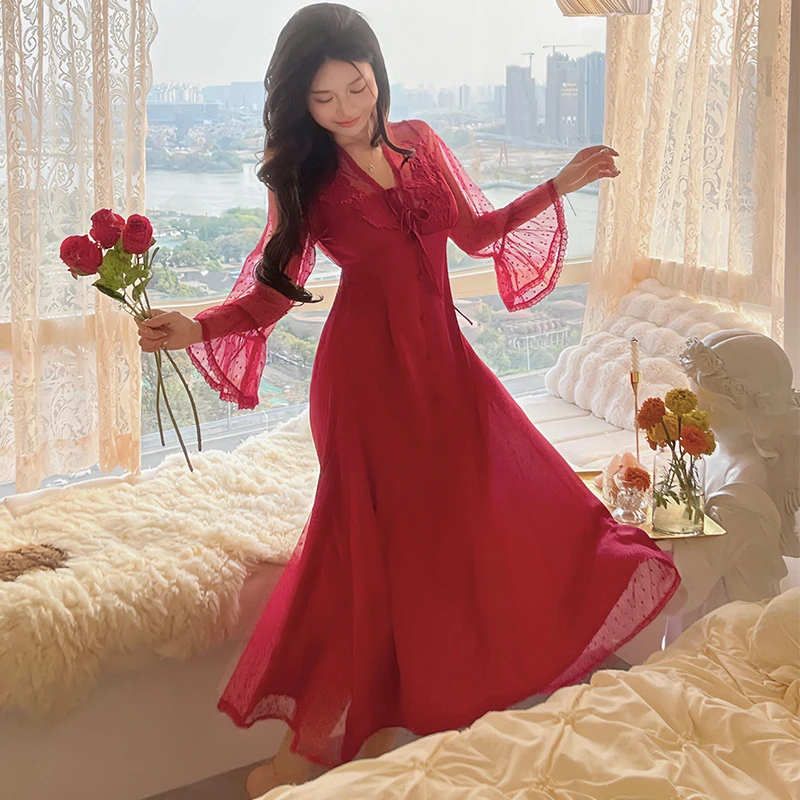 

2023 Summer Silk Satin Long Sleeve Sexy Lace Lingerie V-neck Nightgowns for Women Korean Sleepwear Night Dress Nightdress Nighty