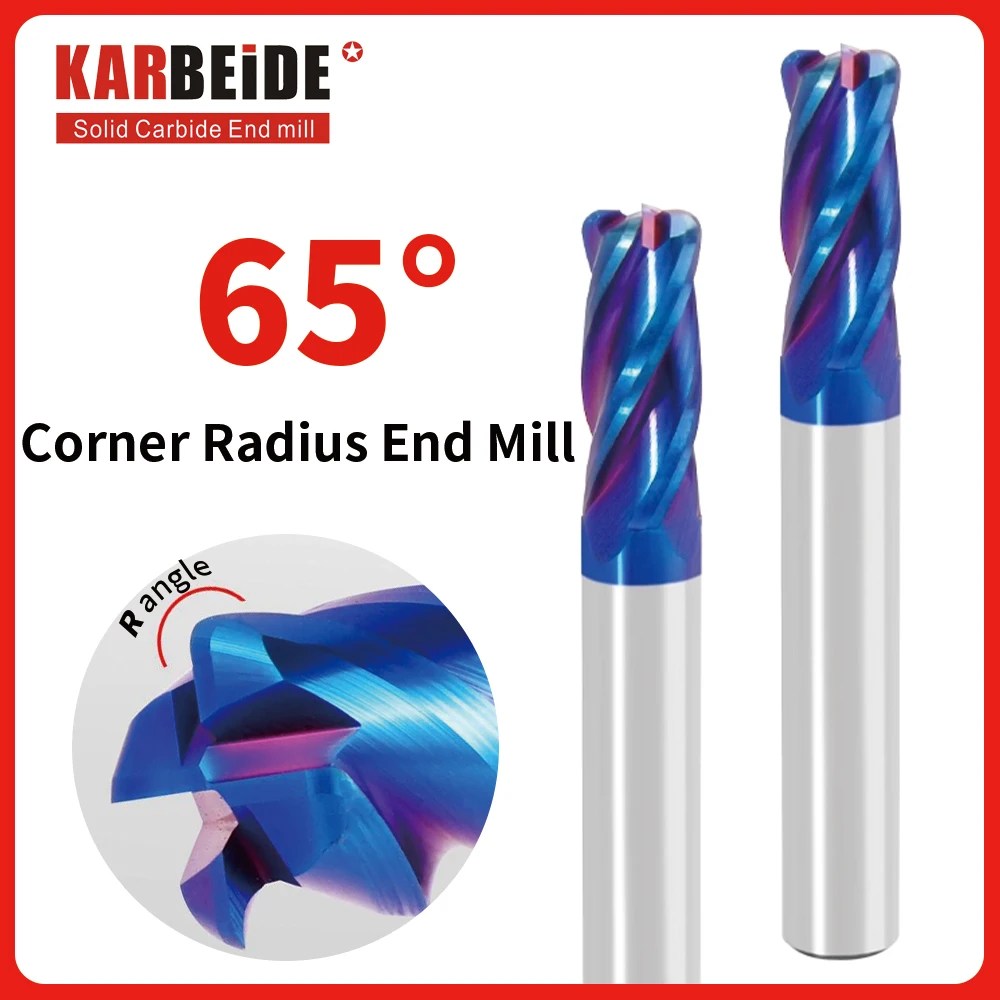 

KARBEIDE Твердосплавная вольфрамовая сталь, угловой радиус, концевая фреза, 4 флейты, синее нанопокрытие HRC65, фреза с бычьим носом, инструмент с ЧПУ