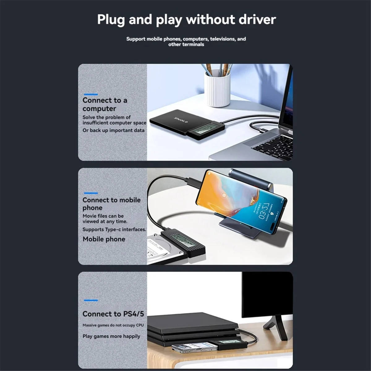 Фото Лучший чехол для жесткого диска ShuoLe USB 3.1, адаптер для жесткого диска 2,5/3,5 дюйма, интеллектуальный цифровой дисплей, кабель Easy Drive №3
