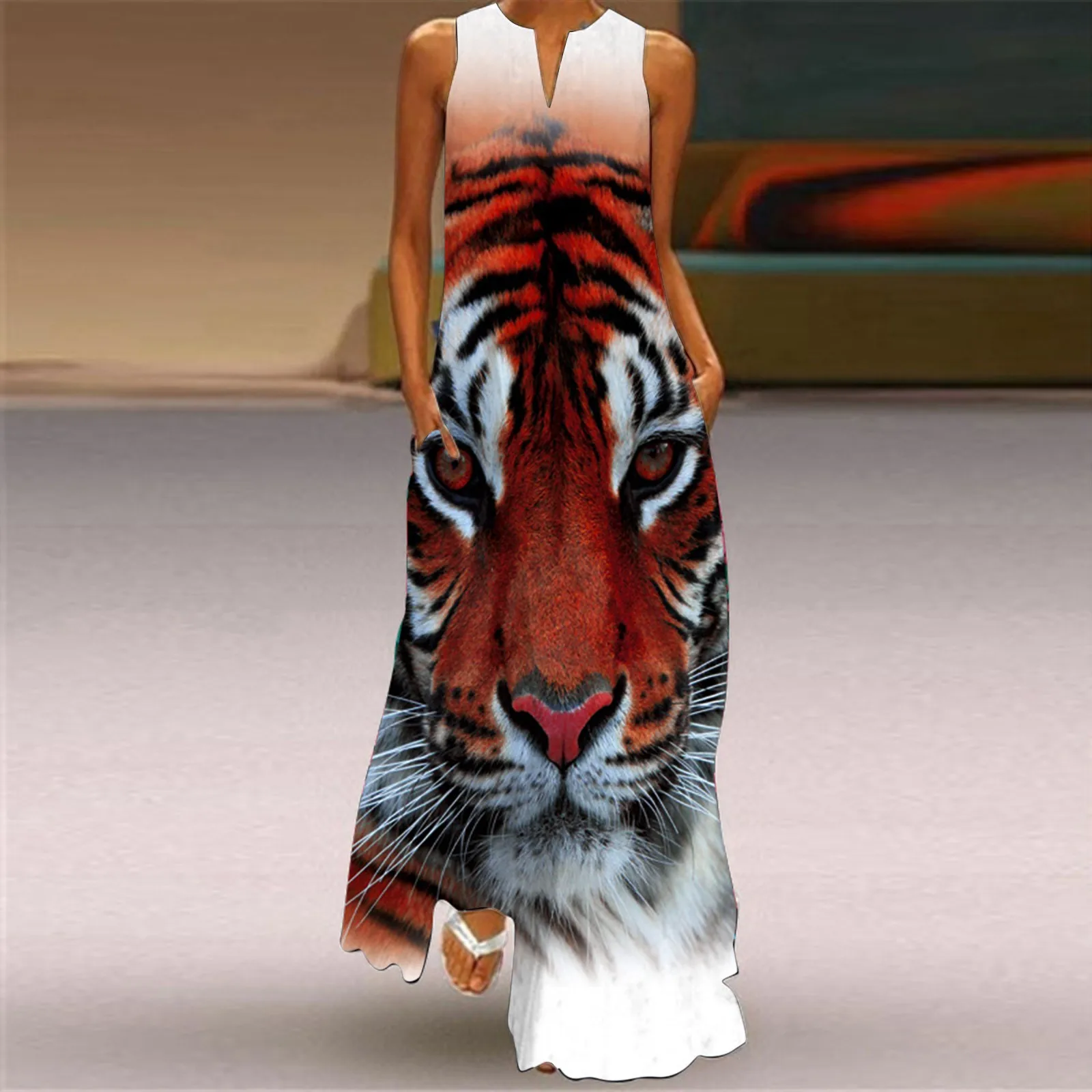 

Женское летнее Повседневное платье макси без рукавов с принтом и V-образным вырезом, свободный пляжный длинный сарафан в стиле бохо с коктей...