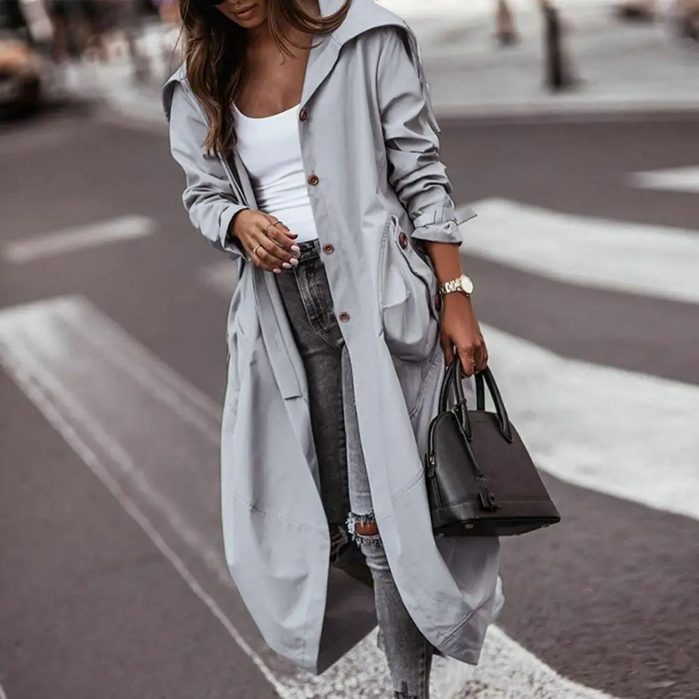 

Women Trench Coat Single-breasted Placket Long Sleeves Lapel Solid Color Pockets Mid-calf Length Turn-down Collar Autumn Jacket