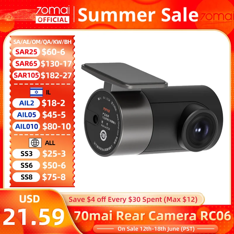 70mai Rear Cam for 70mai 4K Dash Cam 70mai A800 4K Car DVR Rearview cam 70mai Pro Plus +  RC06 for A800S & A500S