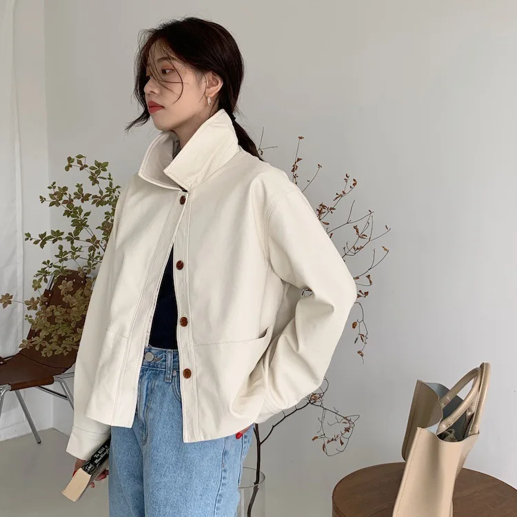 Korean Fashion of Pu Leather Coat Female 2022 Autumn Lapel Loose Single-breasted Pocket Casual Leather Coat Basic Casual Top