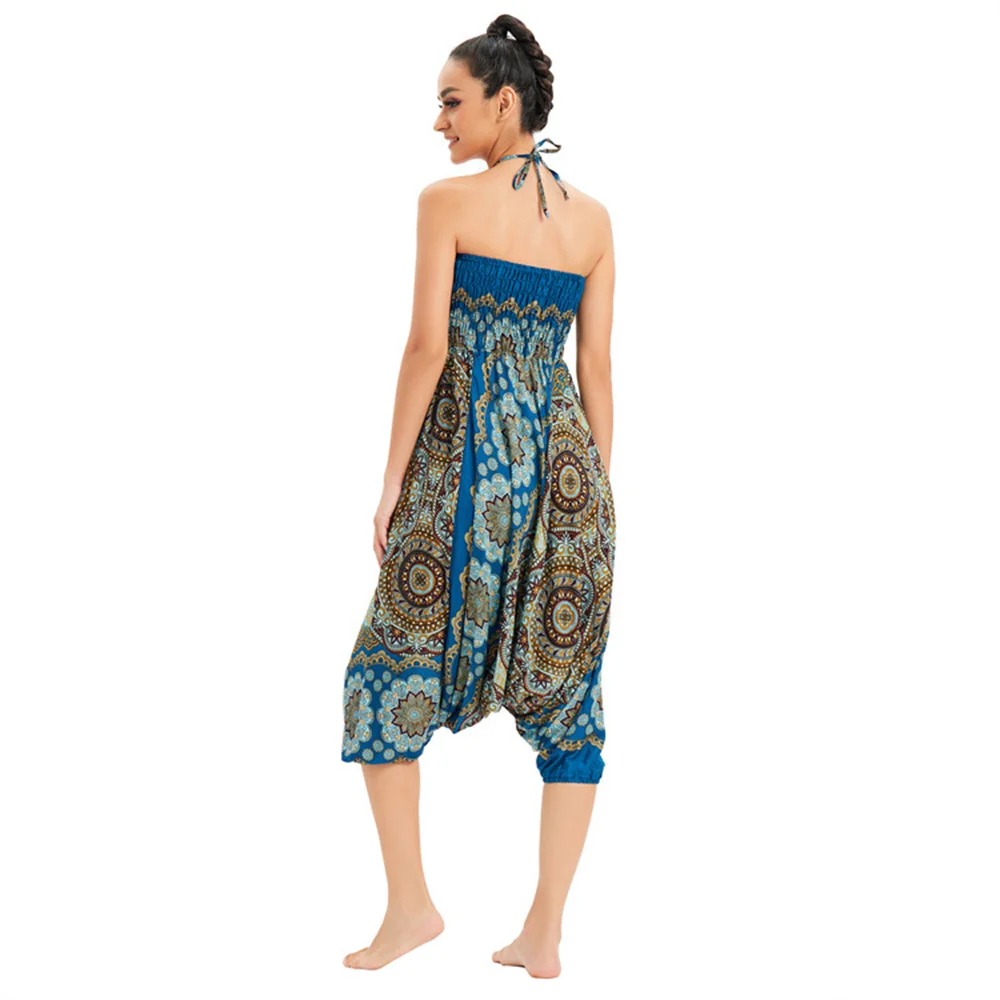 Women Bohemian Floral Print Long Pants 2022 Mid Waist Vintage Harem Pants Elastic Waist Boho Beach Trousers