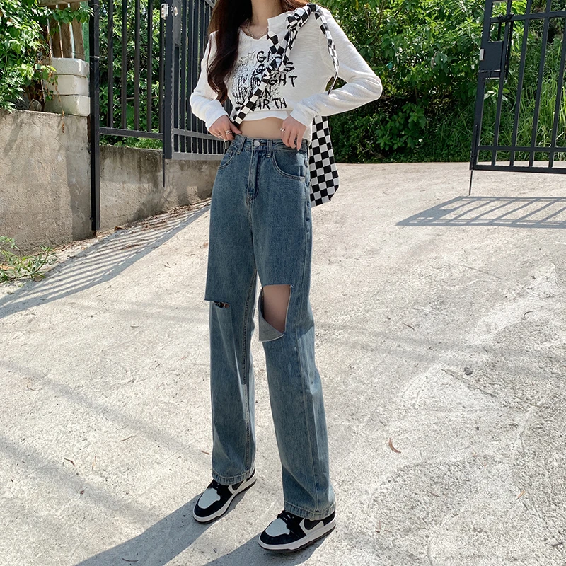 Jeans Women's Summer Blue Casual Vintage Cut Hole High Waist Slim Loose Straight Leg Wide Leg Floor Dragging Pants