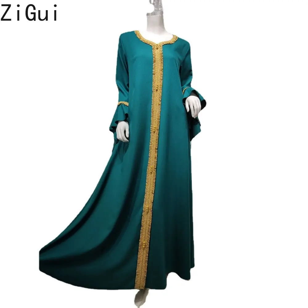 Zigui Caftan Moroccan Dress Ruffle Sleeve Green Chiffon Gold Tassels Long Sleeves Jalabiya Robe Dubai Femme Abaya