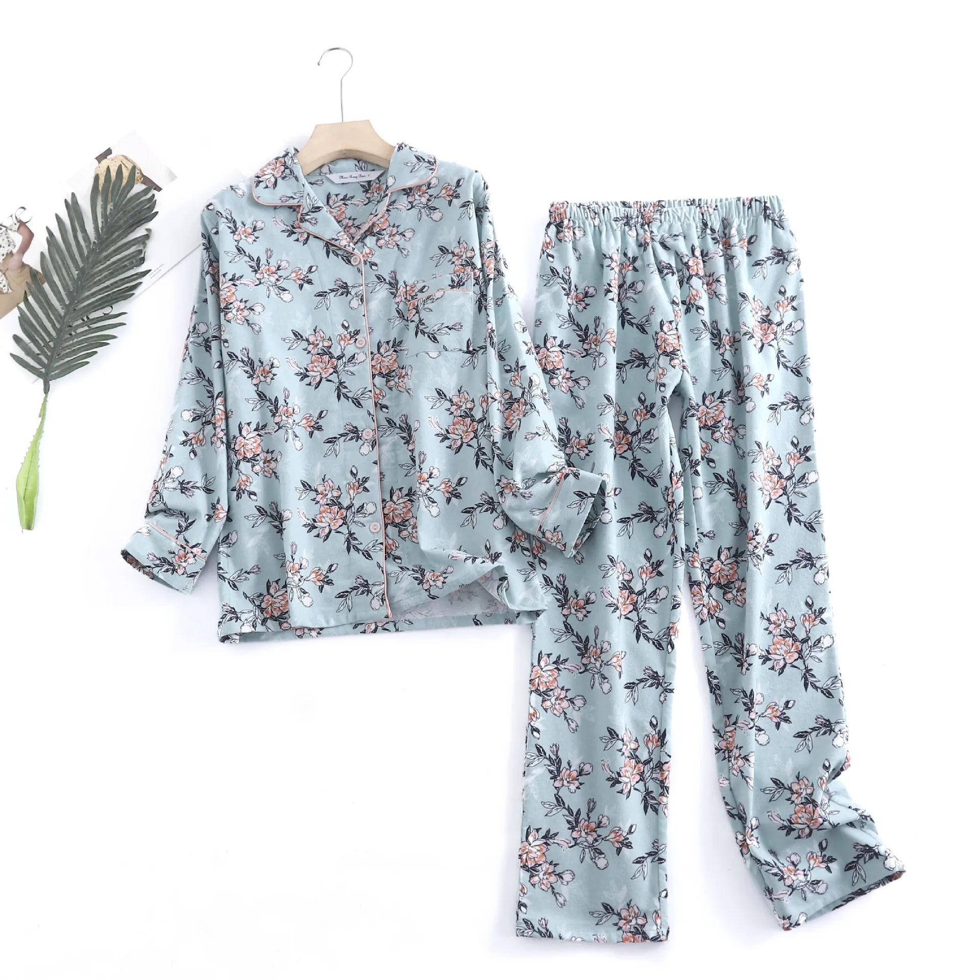 Cotton Flannel Trouser Pajamas Suit for Home Wear Simple Printed Loose Autumn and Winter Long Sleeve Pant Pyjamas Women Sets