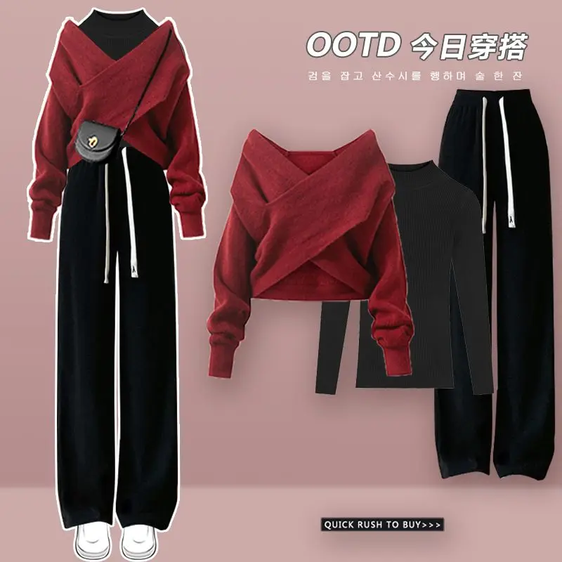 Autumn Set Women's New Korean Version Red Knitted Sweater Slimming Versatile Base Shirt Casual Pants Three Piece
