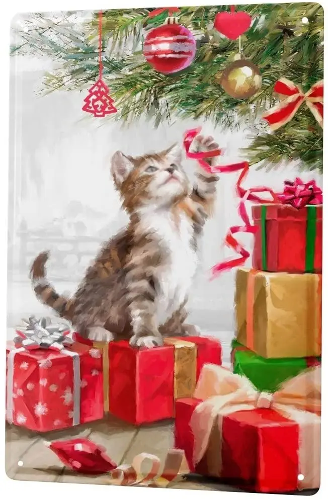 

LEotiE SINCE 2004 Tin Sign Metal Plate Decorative Sign Home Decor Plaques Santa Claus Cat Gifts Christmas Tree Metal Plate 8X12