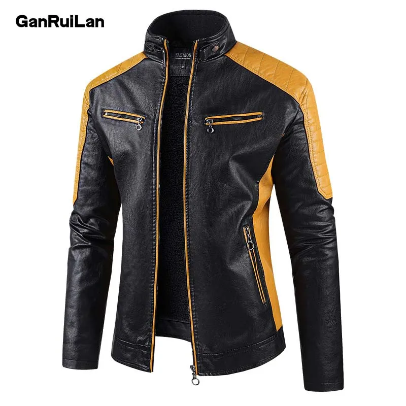 Autumn Winter Leisure Motorcycle Stitching Pu Leather Jacket Men's Fashion Stand-up Collar Retro Warm PU Leather Jacket Coats