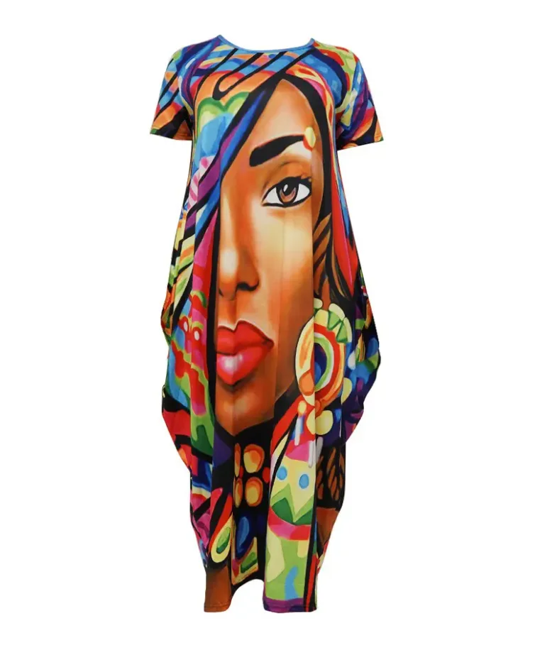 

Summer Dresses for Women 2022 Figure Print Pocket Detail Casual Round Neck Short Sleeve Maxi Daily Draped Dress