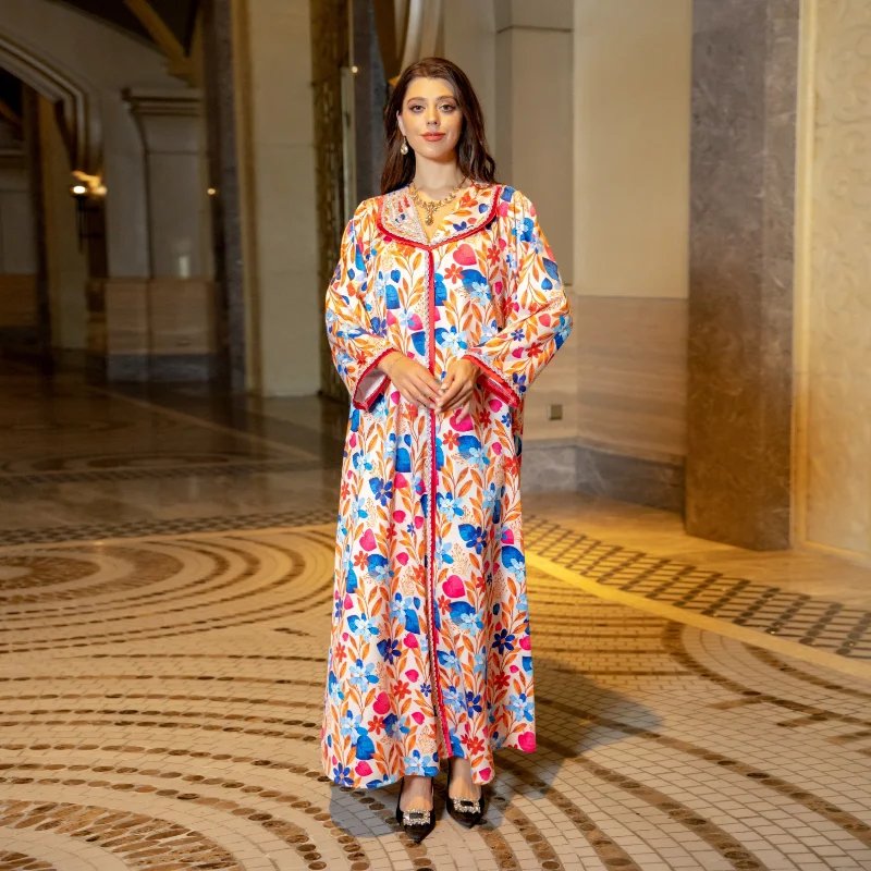 Luxury Diamonds Women Middle East Evening Dress Printing Lapel Neck Full Sleeves Elegant Muslim Arab Robe Abaya
