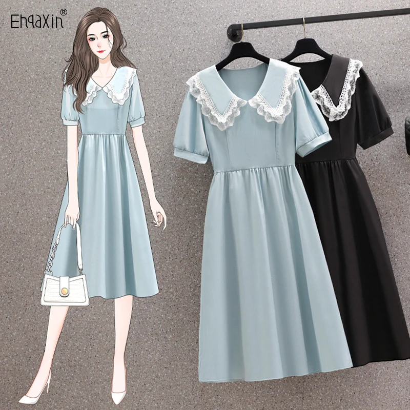 

EHQAXIN Women French Vintage Elegant Chiffon Dress Summer 2022 Lace Patchwork Peter Pan Collar Short Sleeve Long Dresses L-4XL