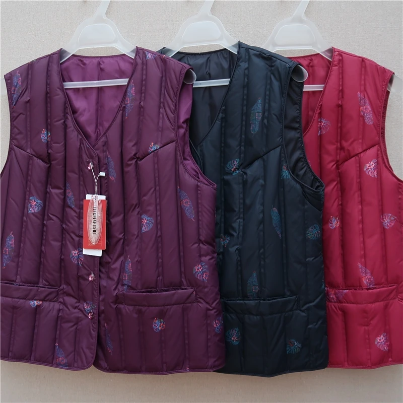 Middle-Aged Elderly Mothers Down Vest Female Autumn Winter Casual Red V-Neck Single Breasted Straight Tube Cardigan Women's Coat