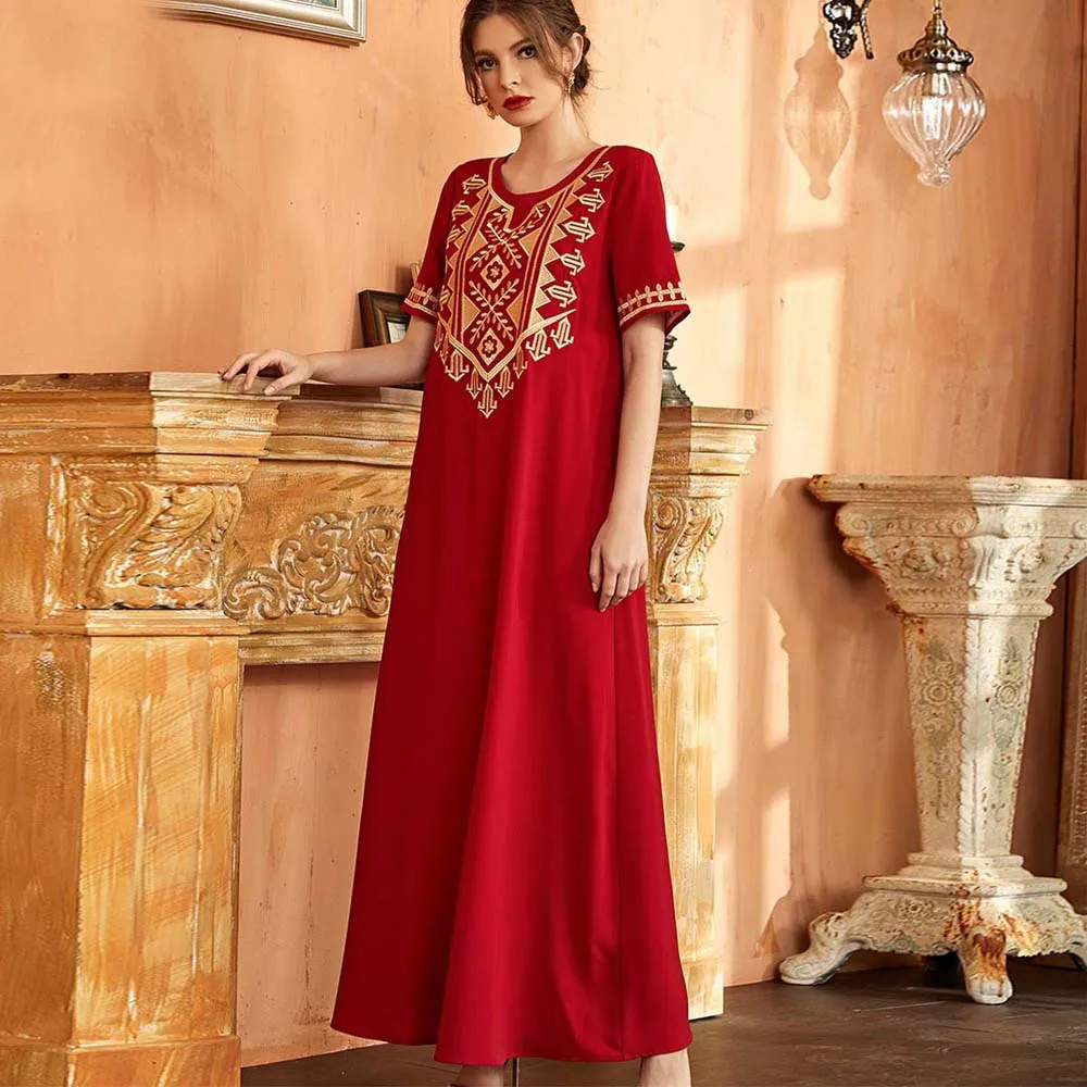 

Muslim Dress Embroidery Loose Middle Sleeves Summer Muslim Robe Middle East Islamic Jellaba Kaftan Moroccan Abayas Maxi Dress