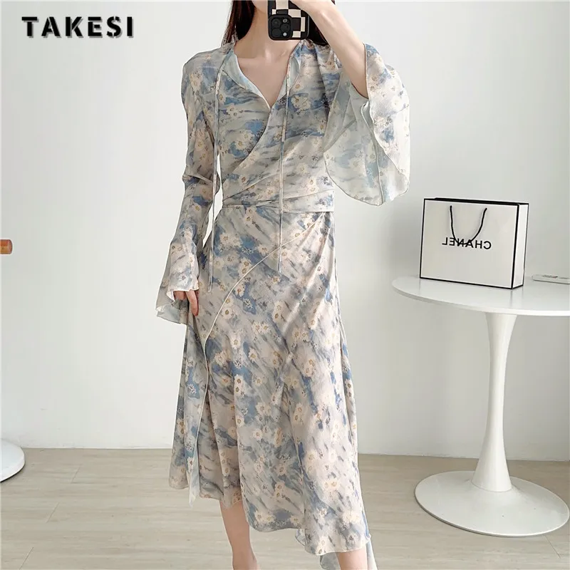 

Vintage Sweet Long Sleeve Floral Print Lace-up Midi Dresses 2023 Autumn Winter Women Elegant Casual V-neck Chiffon A-Line Dress