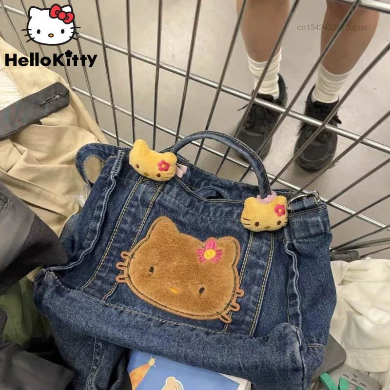 

Sanrio New Black Skin Hello Kitty Denim Bags Embroidered Totes Women Luxury Handbag Y2k Female Trendy Messenger Crossbody Bag