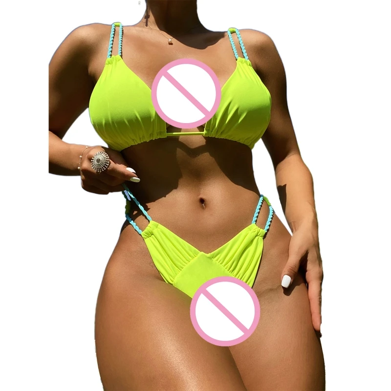 

E8BF 2x Sexy String-Bikini Swimsuit Unique Wrap-Bikini Swimwear Soild Color Cutout String-Bikini Set for Women Beach-Party