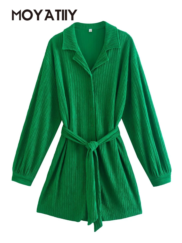 

Женские Зеленые платья MOYATIIY, модные Плиссированные Свободные мини-платья с вырезом-лодочкой, женские офисные платья с длинным рукавом
