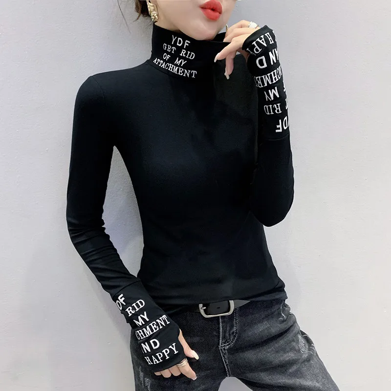 

Sleeve Black T Femme Shirt Woman Women Basic T Turtleneck Harajuku Tshirt Long #5649 Elastic Shirt Tight Letters White Printed L