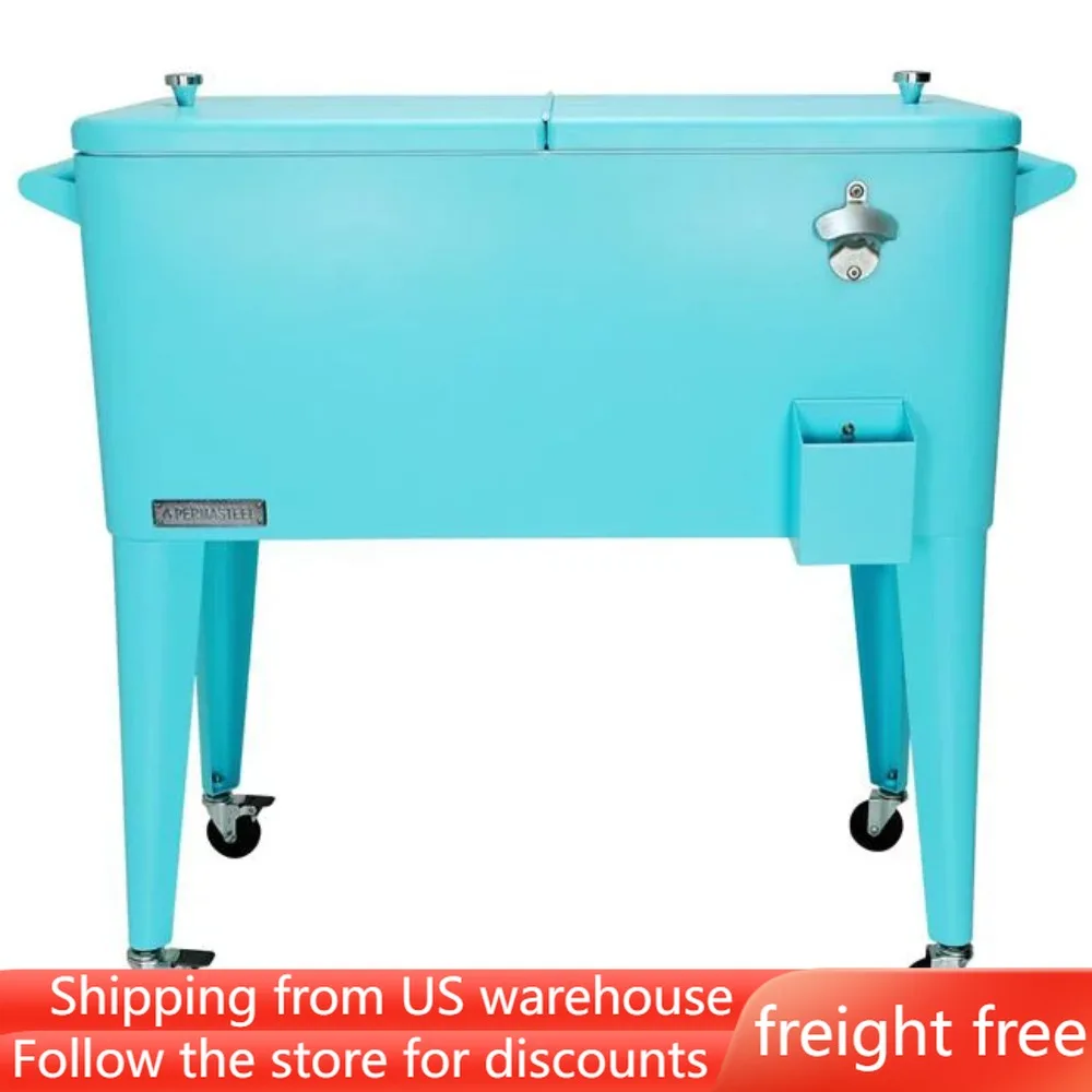 

80-Qt Classic Outdoor Steel Patio Cooler on Wheels Turquoise Thermal Cooler for Drinks Beverage Rolling Cart Freight Free Beach