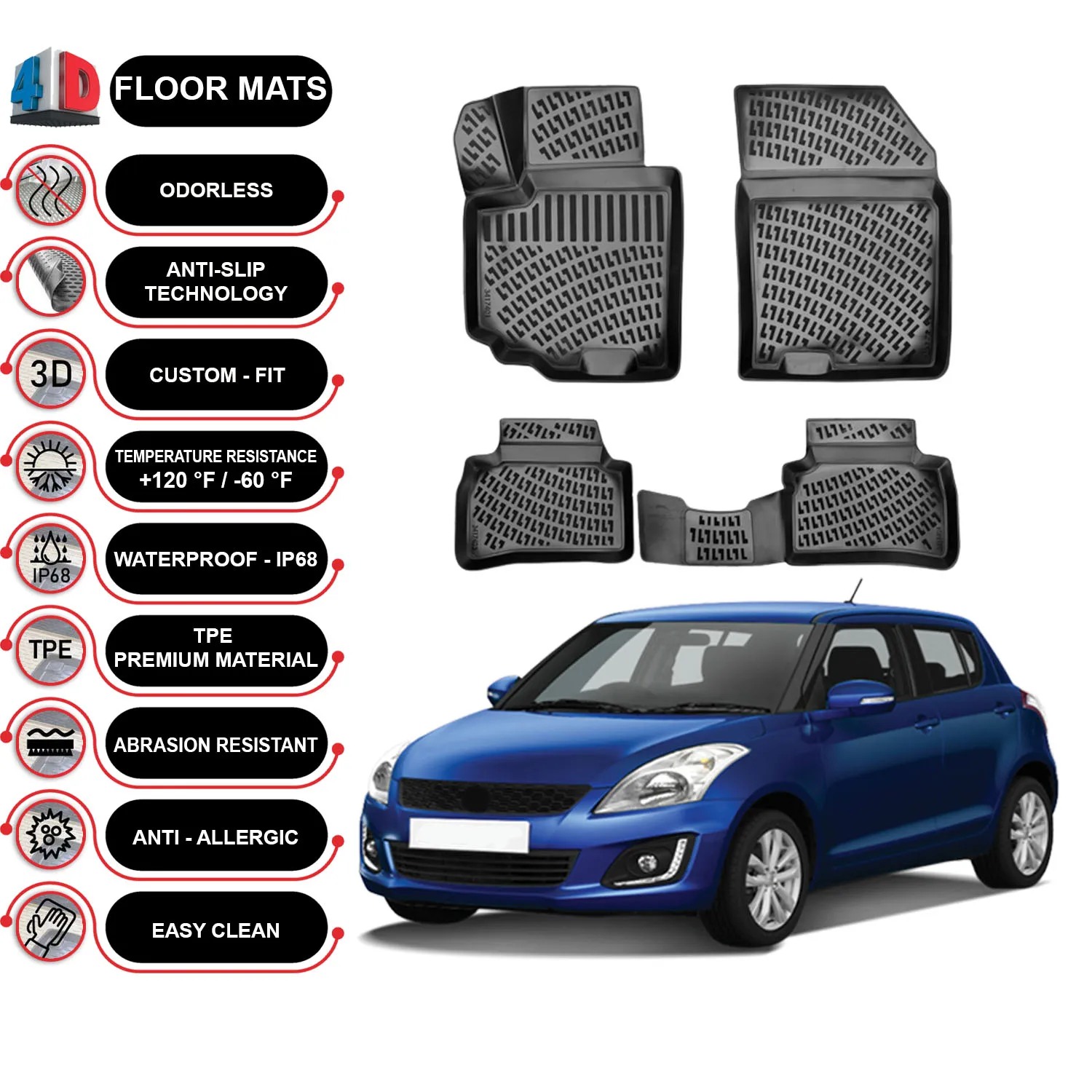 

Suzuki Swift - (2010-2017) Floor Mats Liner Waterproof 3D - (Black)
