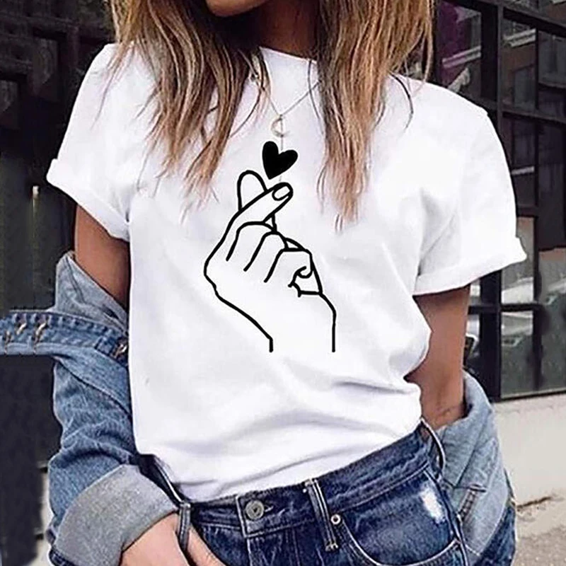 

2022 new women casual white fashion t-shirt love heart print loose o-neck short sleeve elastic stretched tshirt summer tops new