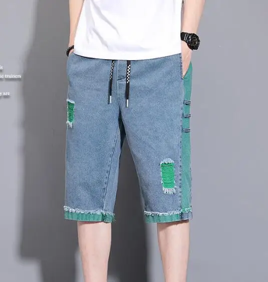Summer thin Ripped Jeans Men's Slim Beggar Denim  Pants Calf-Length Pants Patchwork Jeans
