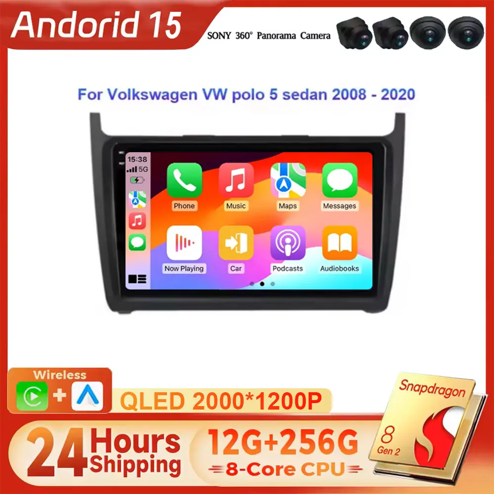 Фото Android 15 для Volkswagen VW Polo 5 седан 2008-2020, Carplay, 4G, Wi-Fi, автомобильное радио, мультимедийный плеер, стерео, GPS, DVD, головное устройство №1