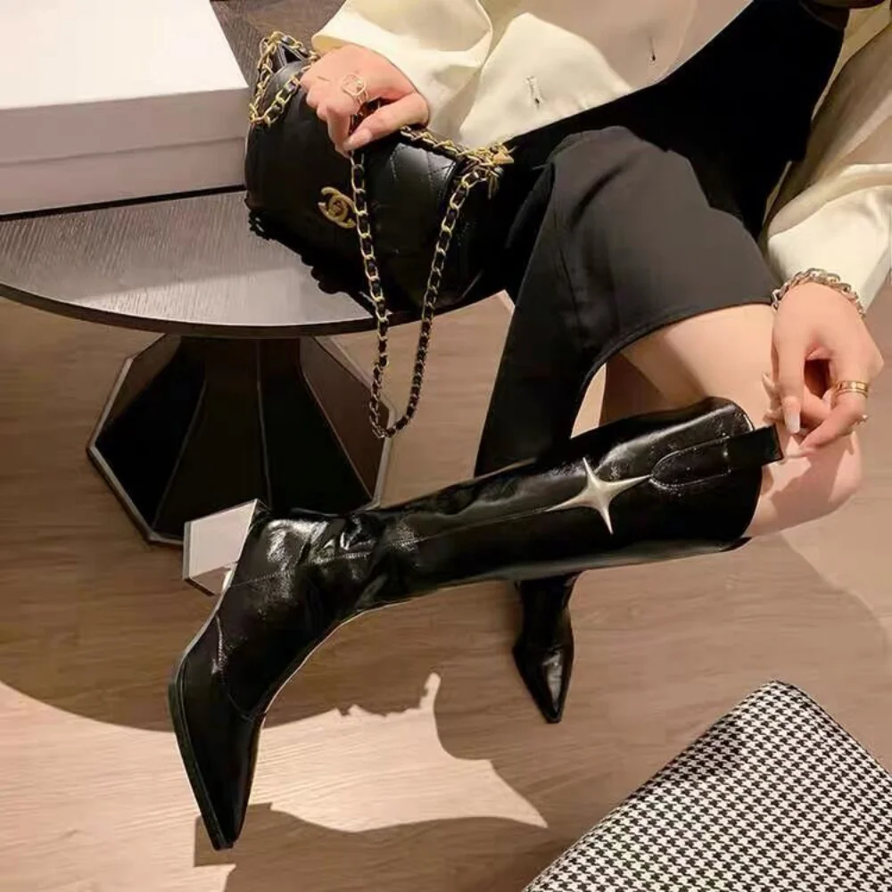 Style Pointed Toe Long Boots Women Autumn Silver Thick Heels Knee High Boots Woman Zipper Pu Leather Cowboy Botas
