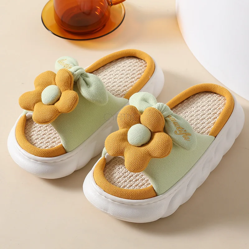 Sweet Flowers Bedroom Slippers for Women's Cotton Linen Indoor Slides Soft Thick Sole Shoes Women Slippers 2022 New All Senson