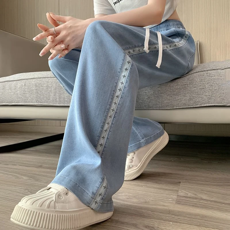 

Elastic Waist Blue Side Stripe Wide Leg Pants Denim Summer Thin Casual Full Length Streetwear Women Y2k Jeans Loose Straight