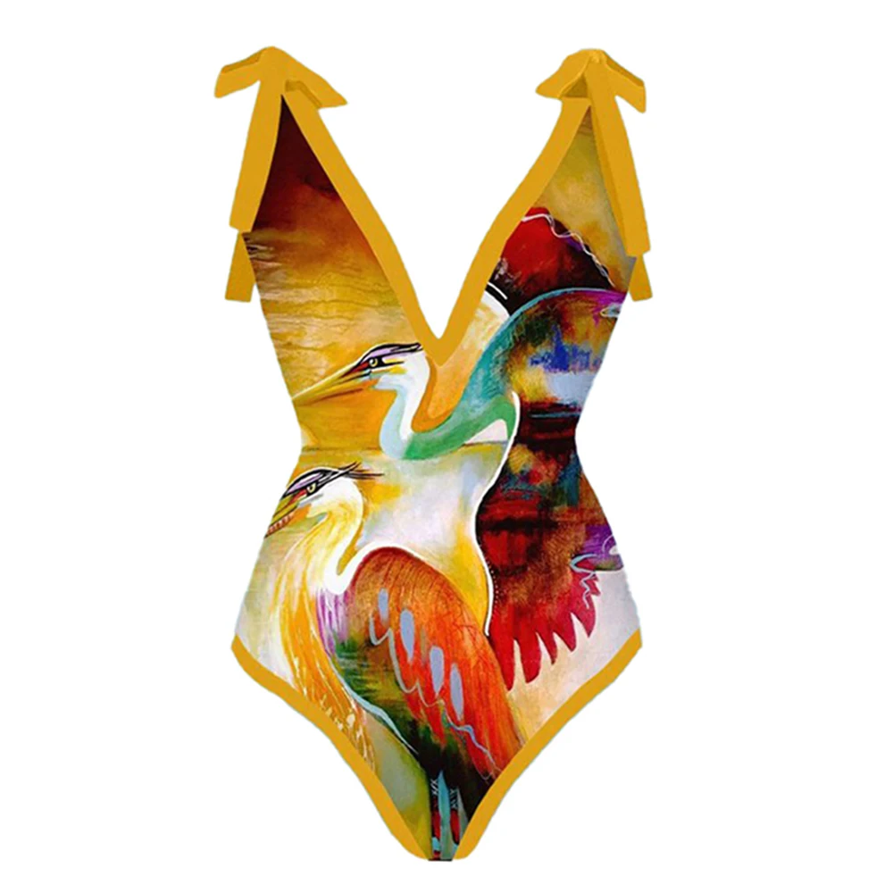 Yellow Sexy Deep-V Birds Print One-Piece Swimsuit & Lace-Up Skirts Chic Bowtie Thong Bather Bathing Suits Summer Beach Bikinis