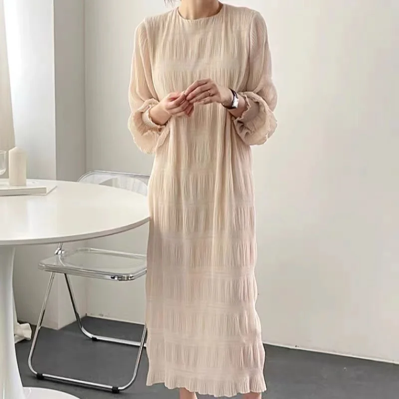 

2023 Spring Summer Korean Fashion Women Dress Chiffon Pleated Long Sleeves Round Neck Long Dresses