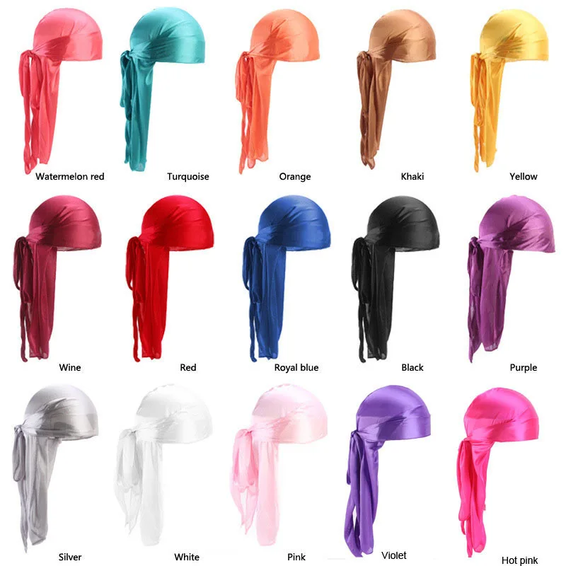 New Unisex Long Silk Satin Breathable Silky Durag 360 Wave Cool Bandana Hat Turban Solid Color Headwear