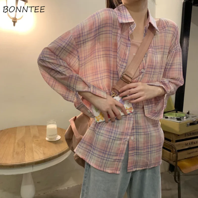 

Рубашка женская свободного покроя, шикарная уличная одежда в Корейском стиле, в стиле Харадзюку, молодежная Классическая клетчатая Ретро рубашка в стиле ольччан, весна-лето Y2k с длинным рукавом