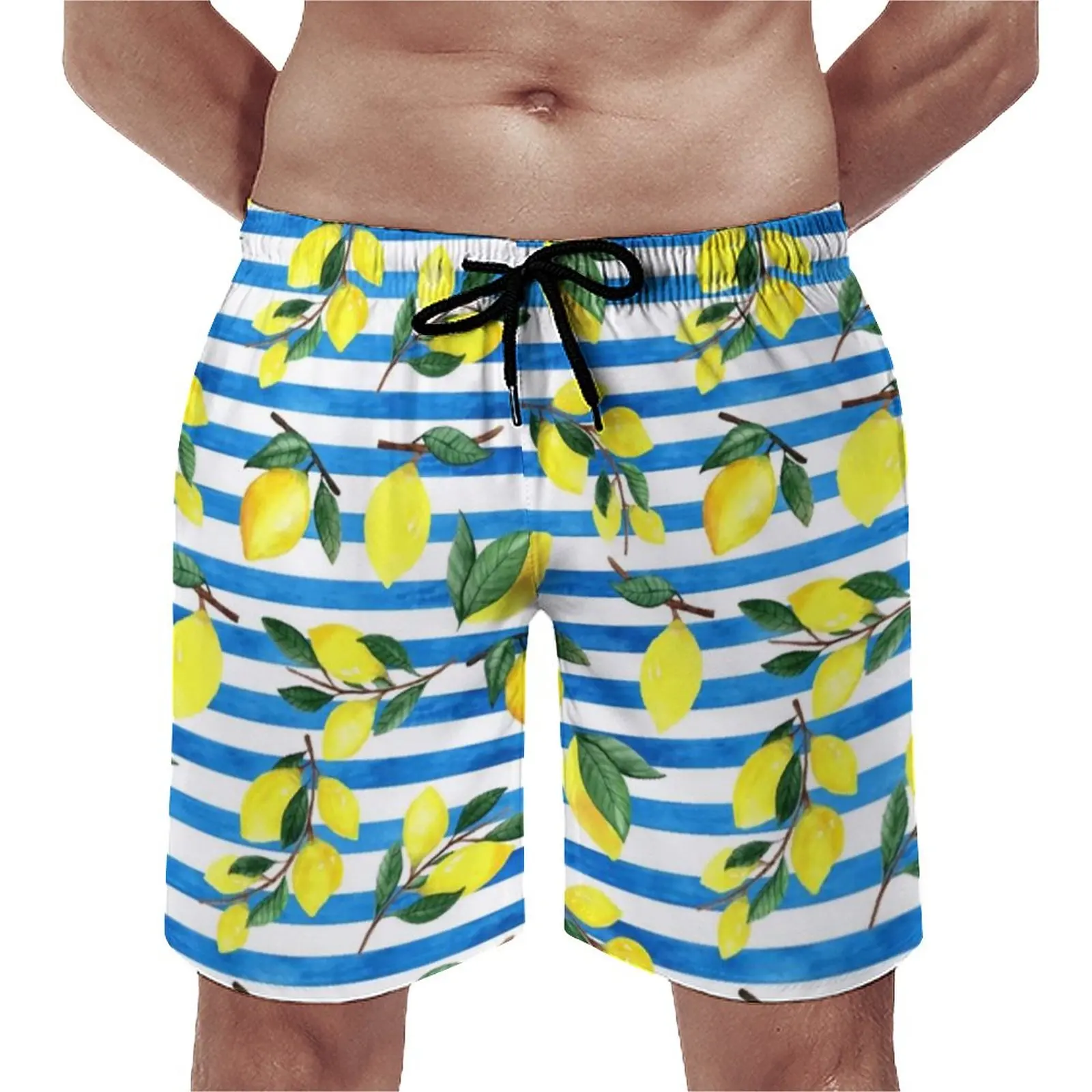 

Gym Shorts Watercolor Fruit Classic Beach Trunks Lemons On Striped Print Quick Dry Running Trendy Plus Size Board Short Pants