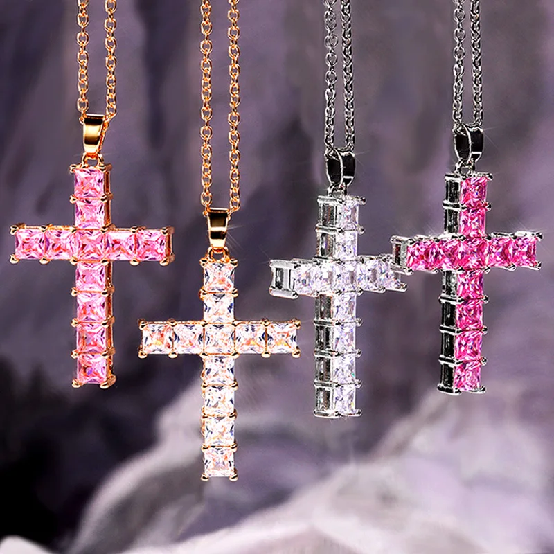 

New Hot Sale White Pink Square Cubic Zircon Cross Shape Pendant Necklaces for Women/men Fashion Valentine's Day Gifts Jewelry