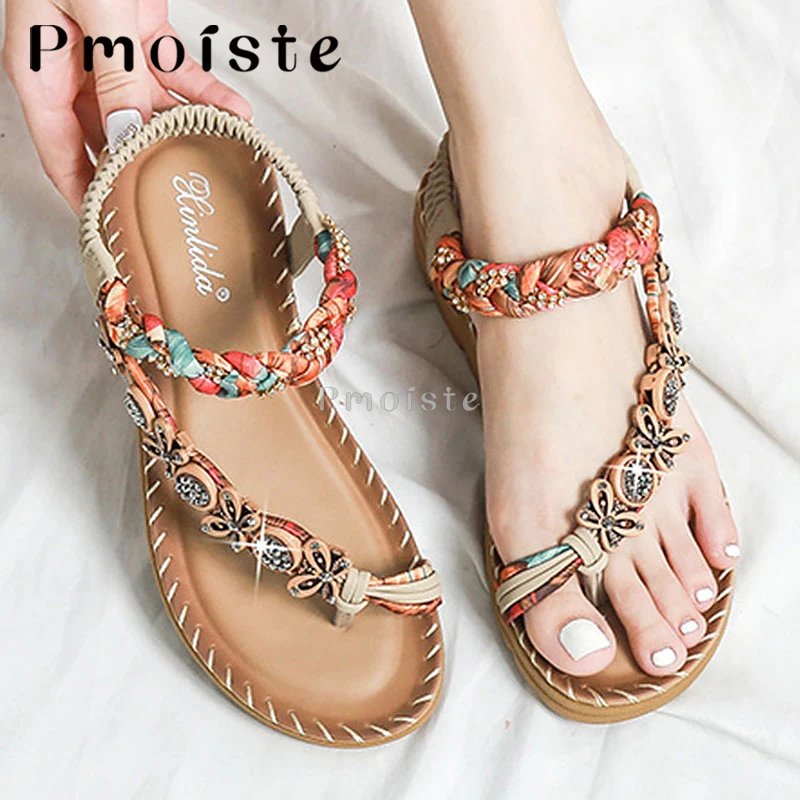 Women Sandals Summer Bohemia Rhinestones Holiday Beach Sandals Twist Ankle Strap Thick Sole Shoes for Women Soft Flip Flops 2023