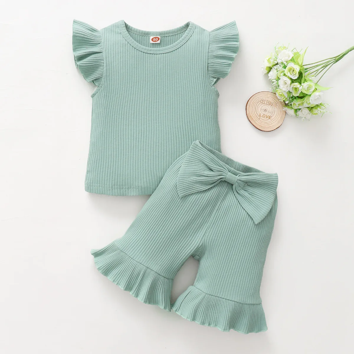 

Summer Toddler Baby Girl Clothes Sets Solid Color Short Flying Sleeve Pullover Casual Bow Flared Shorts Infant Clothing Suit