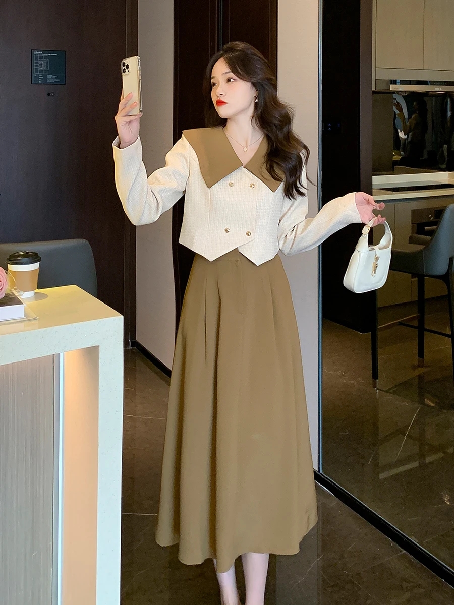 

Женский элегантный костюм из двух предметов, элегантный однобортный Повседневный укороченный топ и трапециевидная юбка миди с высокой талией на весну и осень