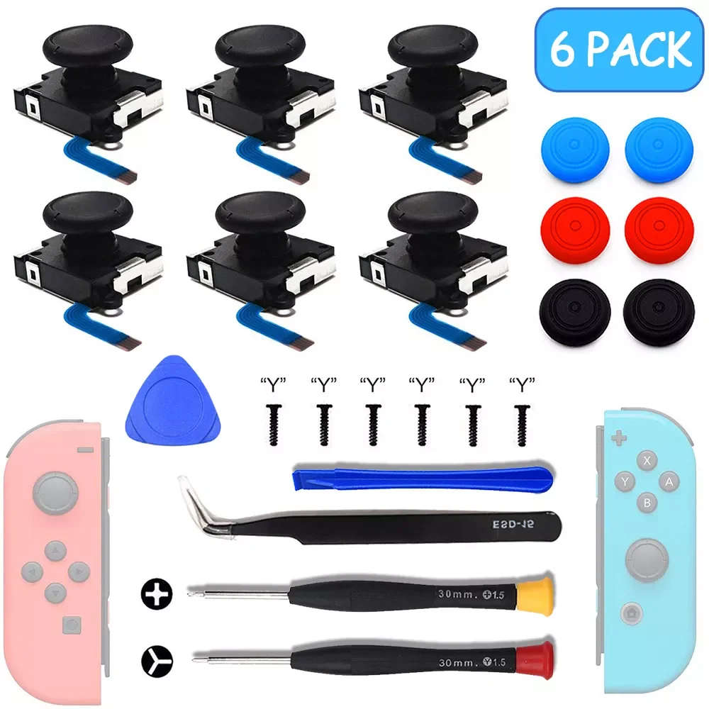 

6 Pack Joycon Joystick Replacement Repair Kit for Nintendo Switch 3D Analog Thumb Sticks Caps Switch Lite OLED Tool Accessories