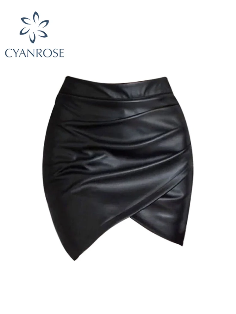 

Leather Skirts Women Cross Folds Pu Mini Black Skirt Korean Fashion Casual Gothic A Line Skirts With Lining 2023 Spring Summer